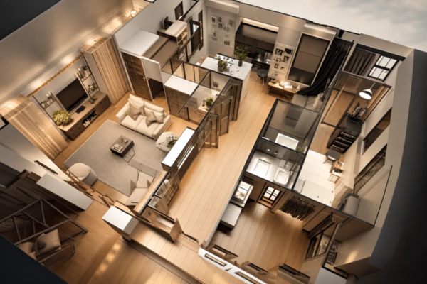 3D-Visualisierung des Grundrisses einer eingerichteten Wohnung