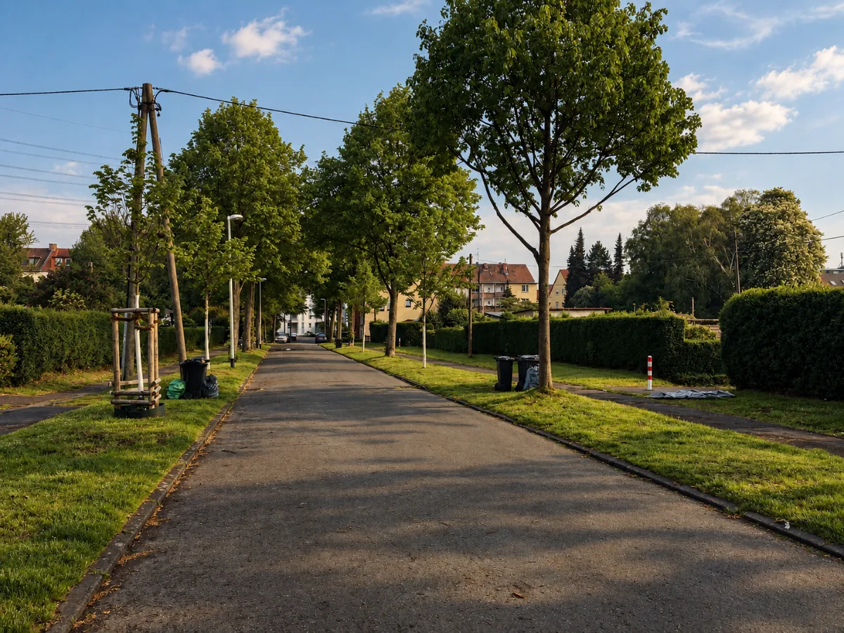 Von Bäumen gesäumter Fußweg mit Grünstreifen in Essen