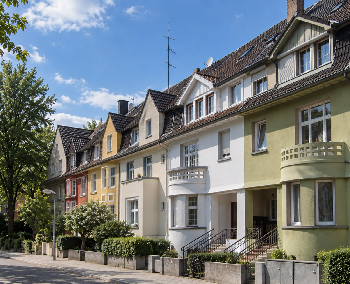 Reihe sanierter Altbau-Wohnhäuser mit runden Erkern und farbigen Fassaden in Essen-Rüttenscheid.