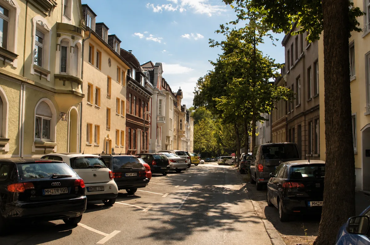 Wohnstraße mit Altbaufassaden und parkenden Autos in Mülheim an der Ruhr