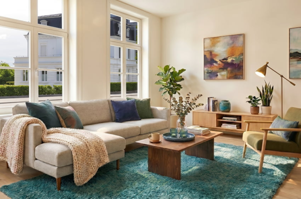 Helles Altbau-Wohnzimmer mit Sofa, Naturholzmöbeln und hohen Sprossenfenstern mit Blick auf weiße Stadtvillen.