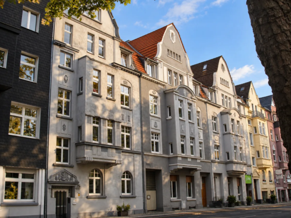 Straßenzug mit Altbaufassaden in Essen-Rüttenscheid
