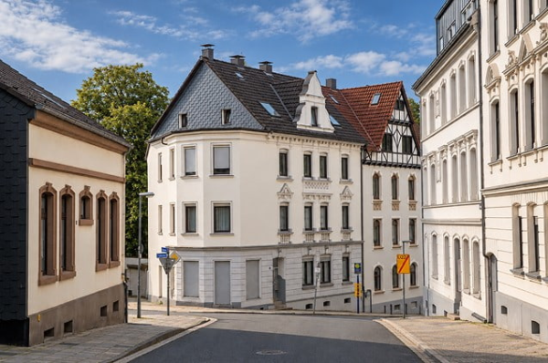 Weiße Altbauten mit Stuckfassaden an einer ruhigen Straßenkreuzung in Essen-Werden.