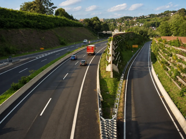 Mehrspurige Autobahn mit begrünten Böschungen im Essener Süden