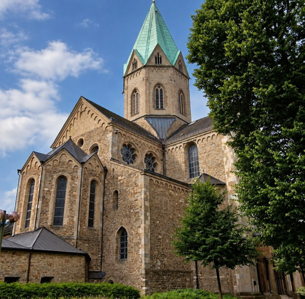 Basilika St. Ludgerus in Essen-Werden mit grünem Turmdach und romanischer Sandsteinfassade.