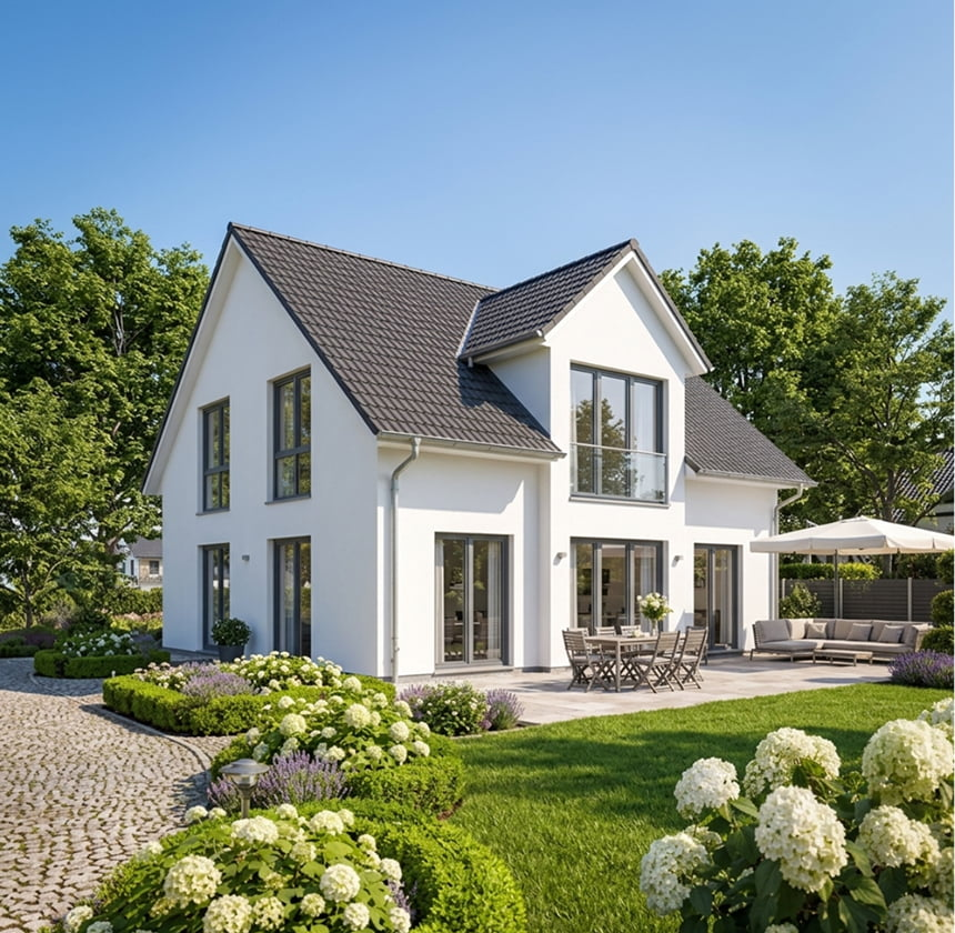 Weißes Einfamilienhaus mit dunklem Satteldach, Terrasse und blühendem Garten bei Sonnenschein.