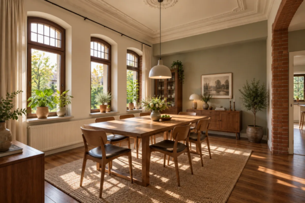 Helles Esszimmer mit Holztisch und hohen Sprossenfenstern in einer Altbauwohnung