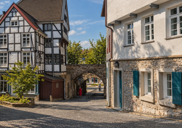 Gasse mit Fachwerkhäusern und historischem Torbogen in der Altstadt von Mülheim an der Ruhr