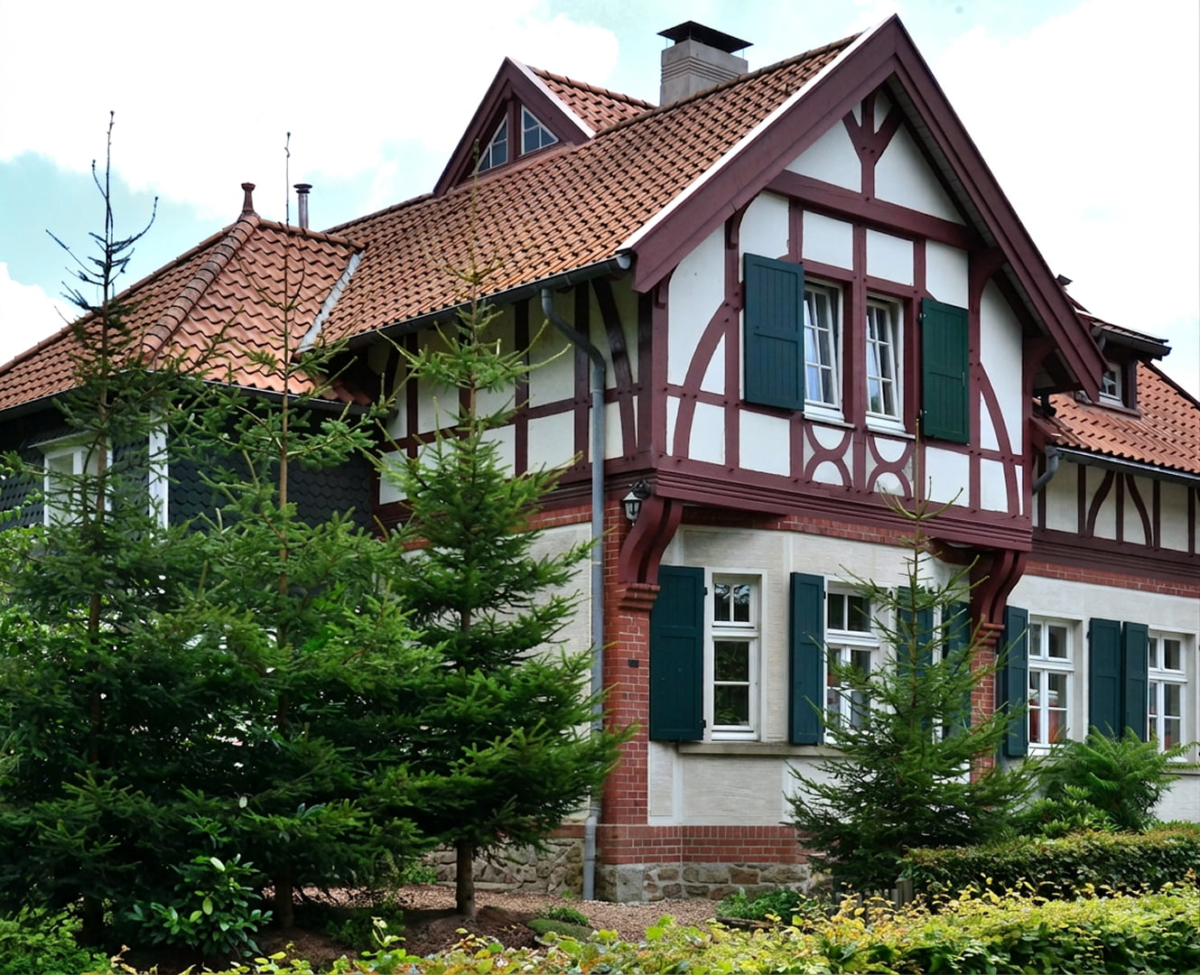 Saniertes Fachwerkhaus mit rotbraunem Zierfachwerk, grünen Fensterläden und rotem Ziegeldach.