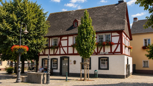 Rot-weißes Fachwerkhaus mit Blumenschmuck an einem kleinen Platz in Mülheim an der Ruhr