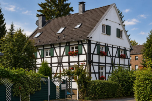 Weißes Fachwerkhaus mit dunklen Balken und Garten in Essen-Heisingen