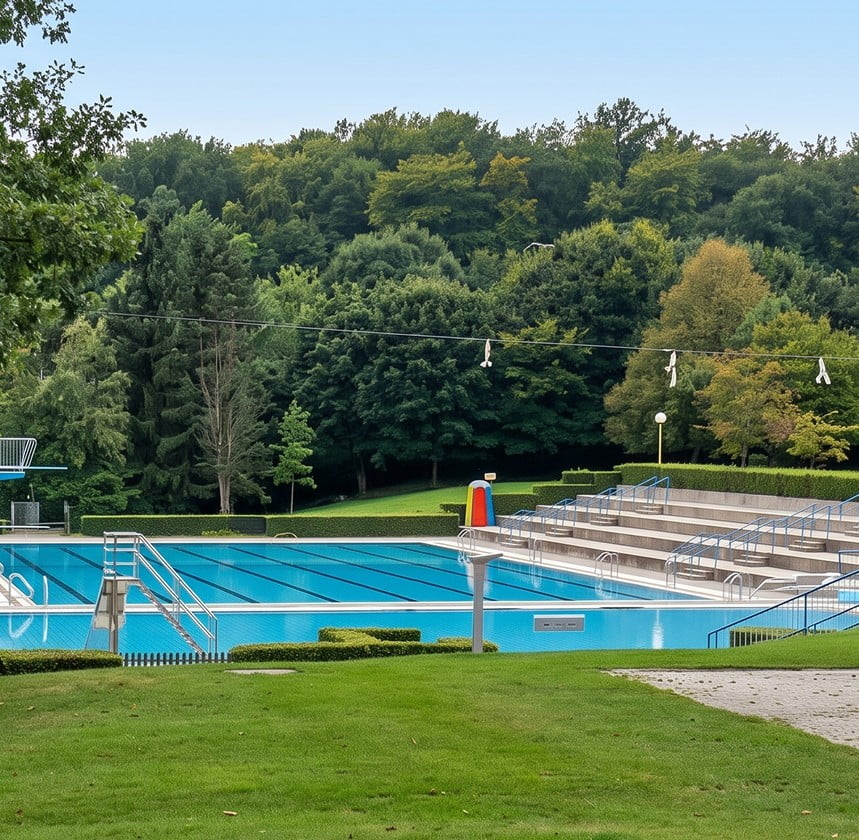 Freibad mit großem Schwimmbecken, Liegewiese und bewaldeter Umgebung.
