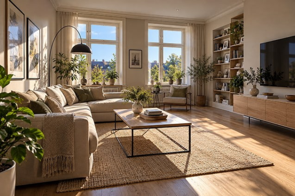 Helles, gemütlich eingerichtetes Wohnzimmer mit Sofa, Holzboden und großen Sprossenfenstern.
