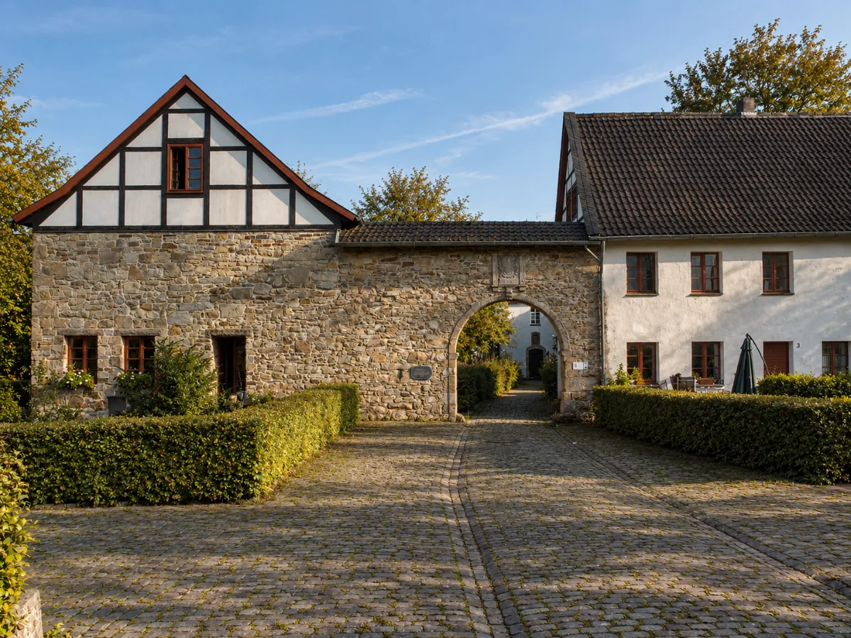 Historischer Hof mit Bruchsteinmauern, Fachwerkgiebel und Torbogen