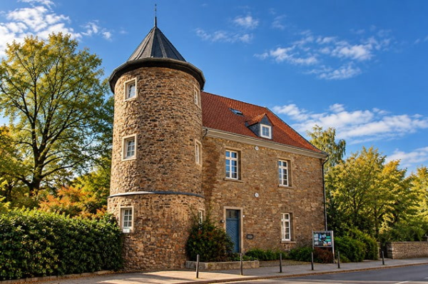 Historisches Bruchsteinhaus mit rundem Turm und rotem Ziegeldach in Essen-Werden.