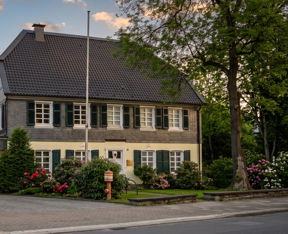 Historisches Wohnhaus mit Schieferfassade, grünen Fensterläden und gepflegtem Vorgarten.