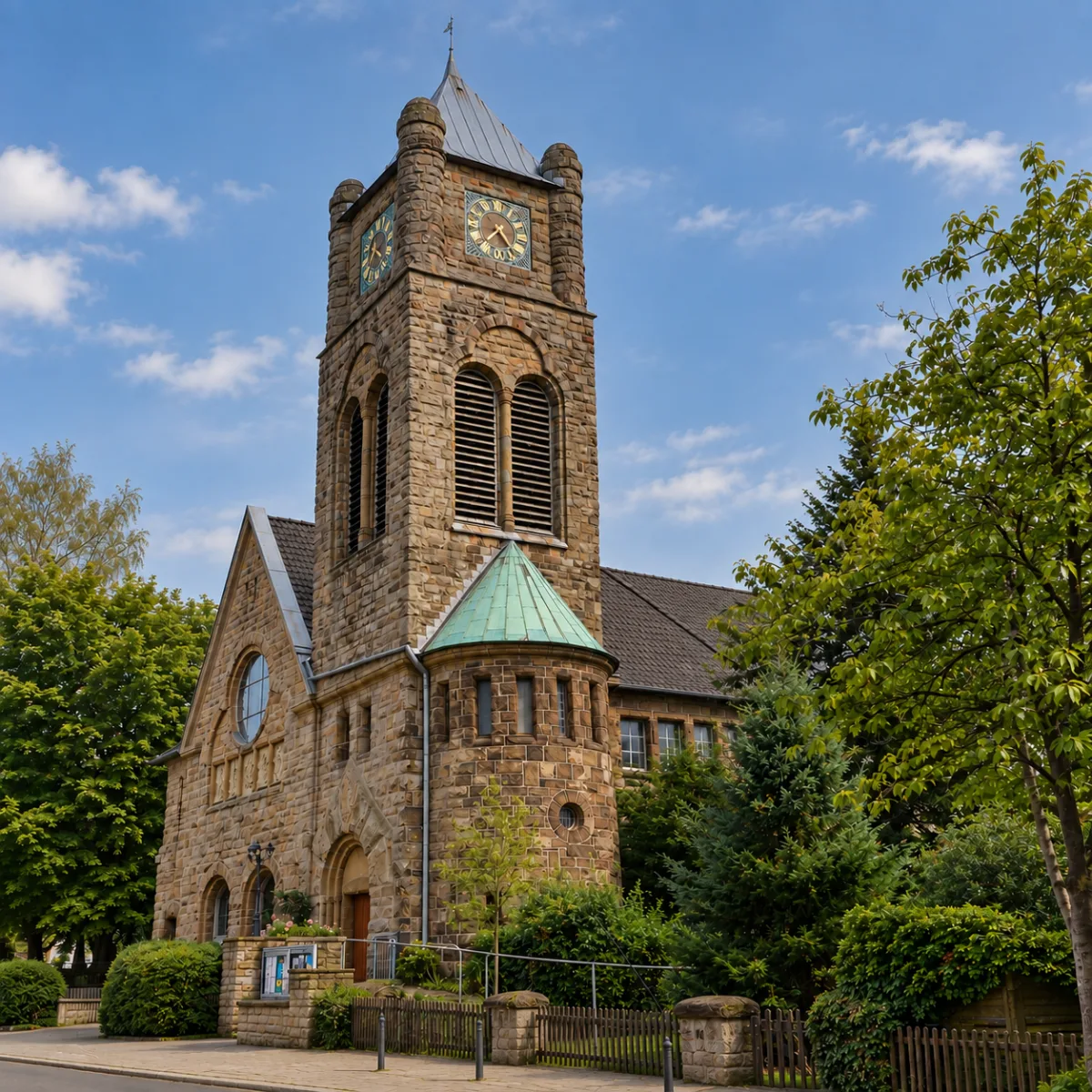 Glockenturm einer Bruchsteinkirche zwischen Bäumen in Essen-Heisingen