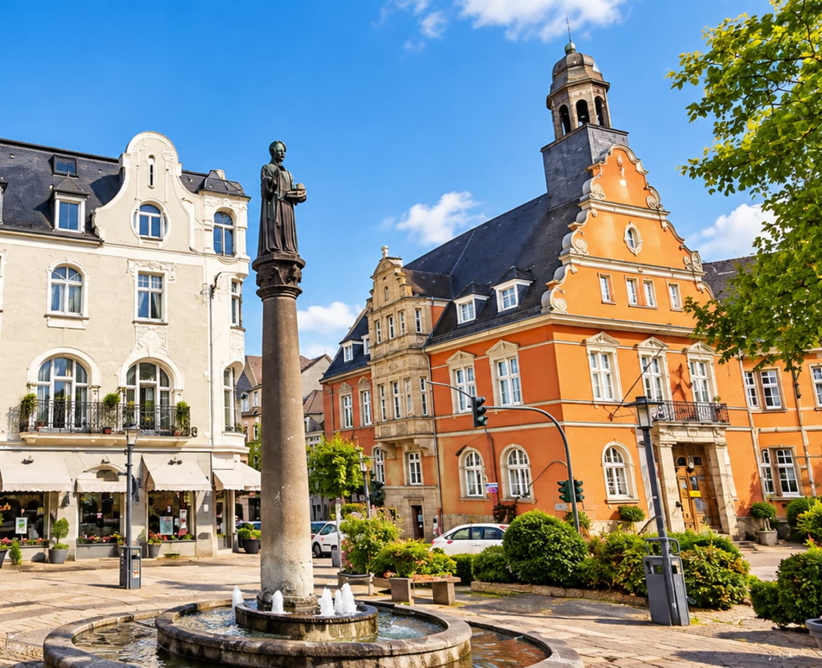 Ludgerusbrunnen mit Heiligenfigur auf einer Säule vor dem orangefarbenen alten Rathaus in der Werdener Altstadt.