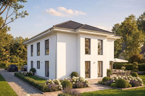 Moderne weiße Stadtvilla mit Walmdach, bodentiefen Fenstern und angelegtem Vorgarten in der Abendsonne.
