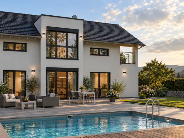 Modernes Einfamilienhaus mit großen Fensterfronten und Pool in der Abendsonne