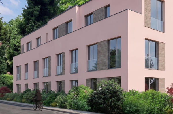 Visualisierung eines dreigeschossigen Mehrfamilienhauses mit heller Putzfassade und Holzelementen.