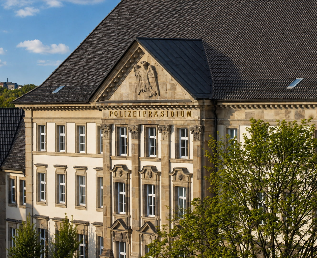 Historisches Polizeipräsidium Essen mit Sandsteinfassade, Adlerrelief im Giebel und Schieferdach.