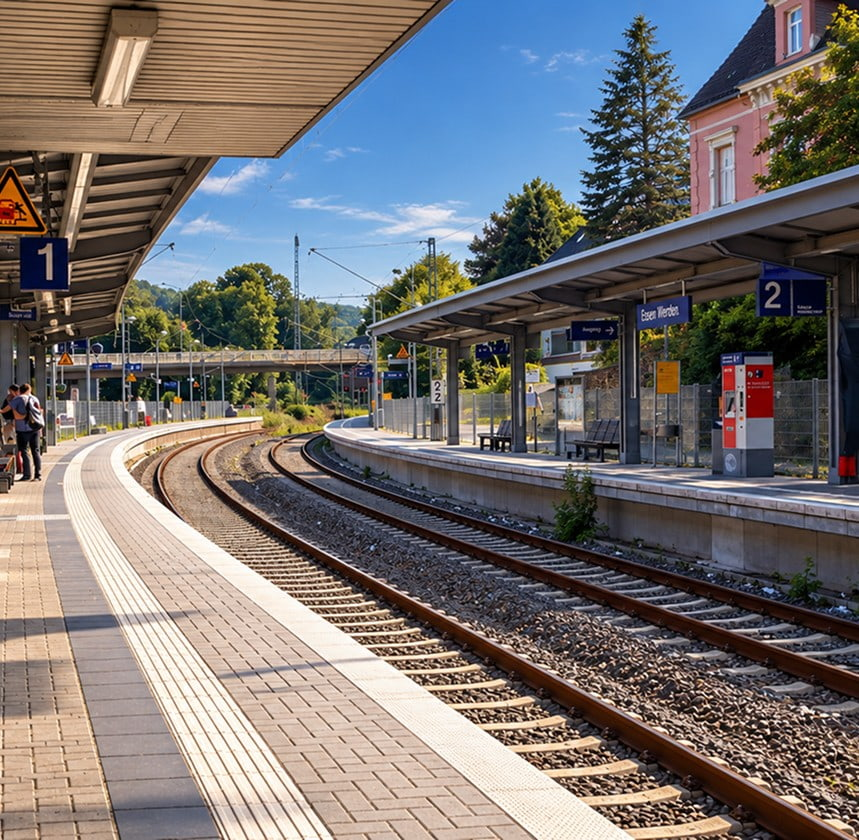 Bahnsteige am S-Bahnhof Essen-Werden mit Gleisen und Überdachung an einem sonnigen Tag.