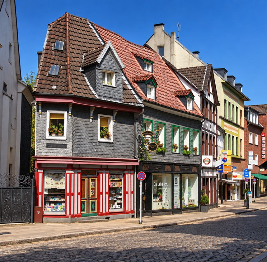 Historische schiefergedeckte Häuser mit roten und grünen Fensterrahmen an einer Kopfsteinpflasterstraße in Essen-Werden.