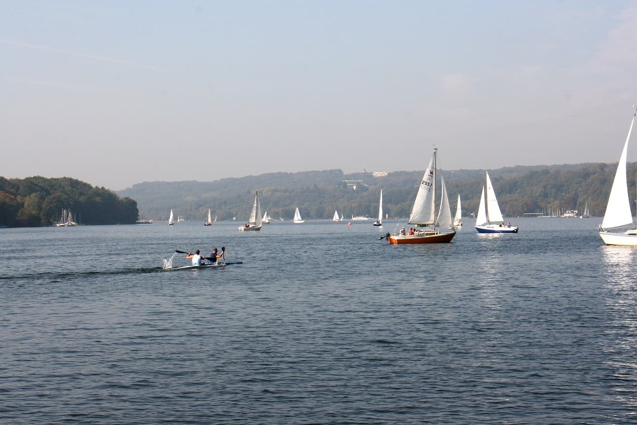 See mit Segelbooten und Ruderboot vor bewaldetem Ufer.