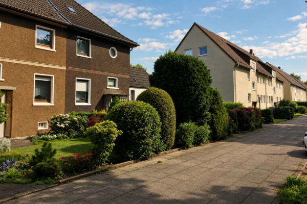 Reihe von Siedlungshäusern aus Backstein mit Vorgärten in Essen