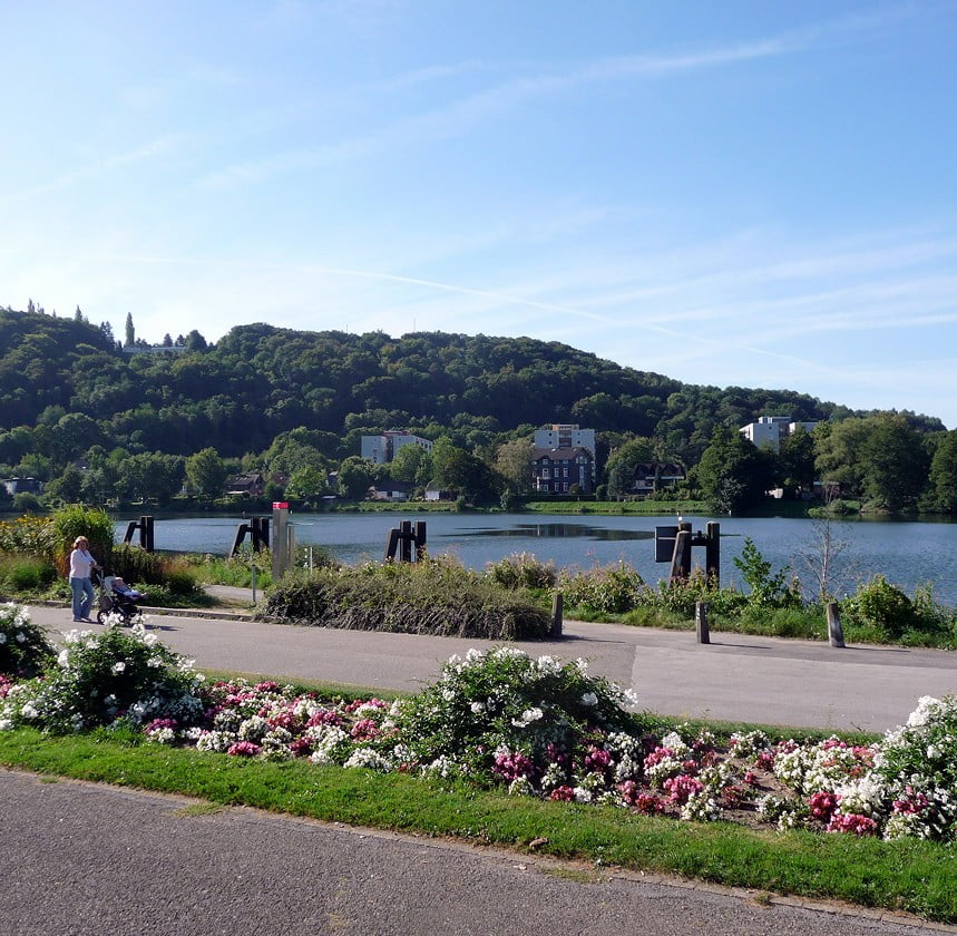 Uferpromenade mit Blumenbeeten und Blick auf einen bewaldeten See.