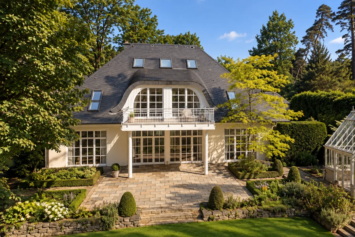 Helle Villa mit Sprossenfenstern und gepflegtem Garten in Mülheim an der Ruhr