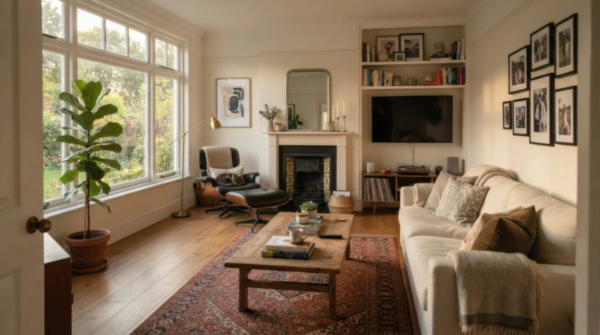 Gemütliches Wohnzimmer mit Kamin, Sofa und großen Fenstern in einer Altbauwohnung