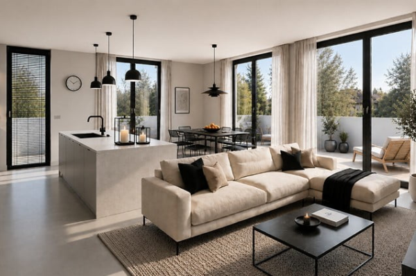 Heller Wohn-Essbereich mit offener Küche, Kochinsel und bodentiefen Fenstern zur Terrasse.